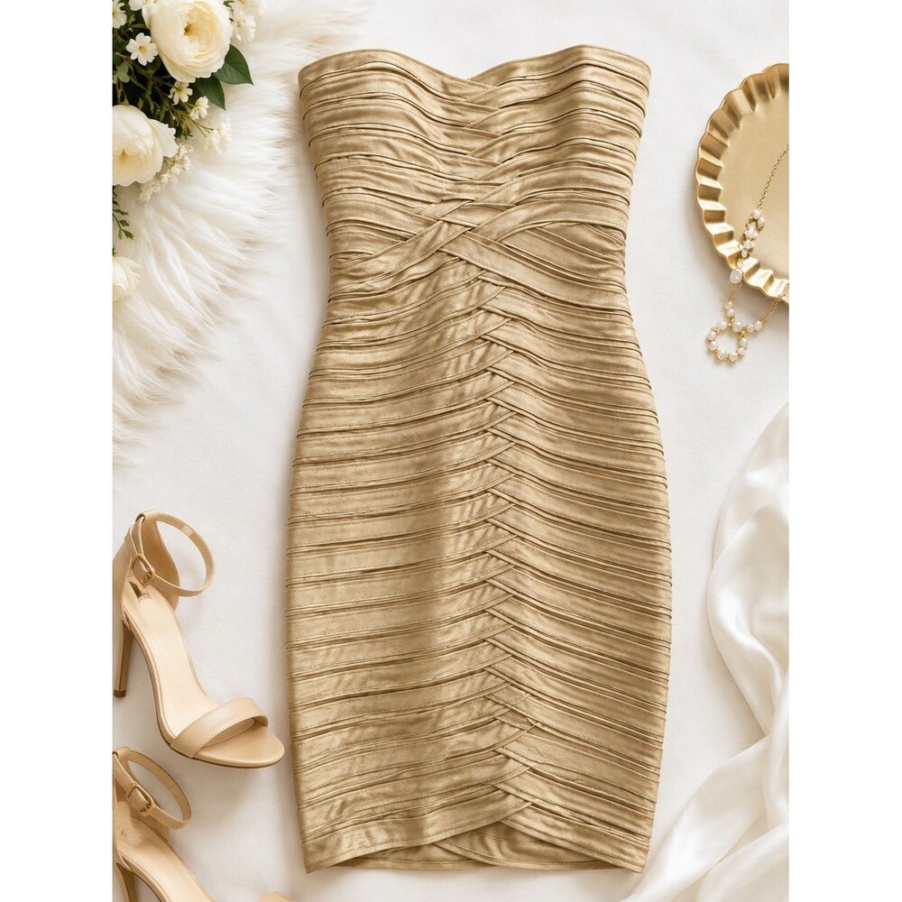 BCBGMaxAzria Metallic Gold Strapless Ruched Bodycon Dress - Picture 1 of 5